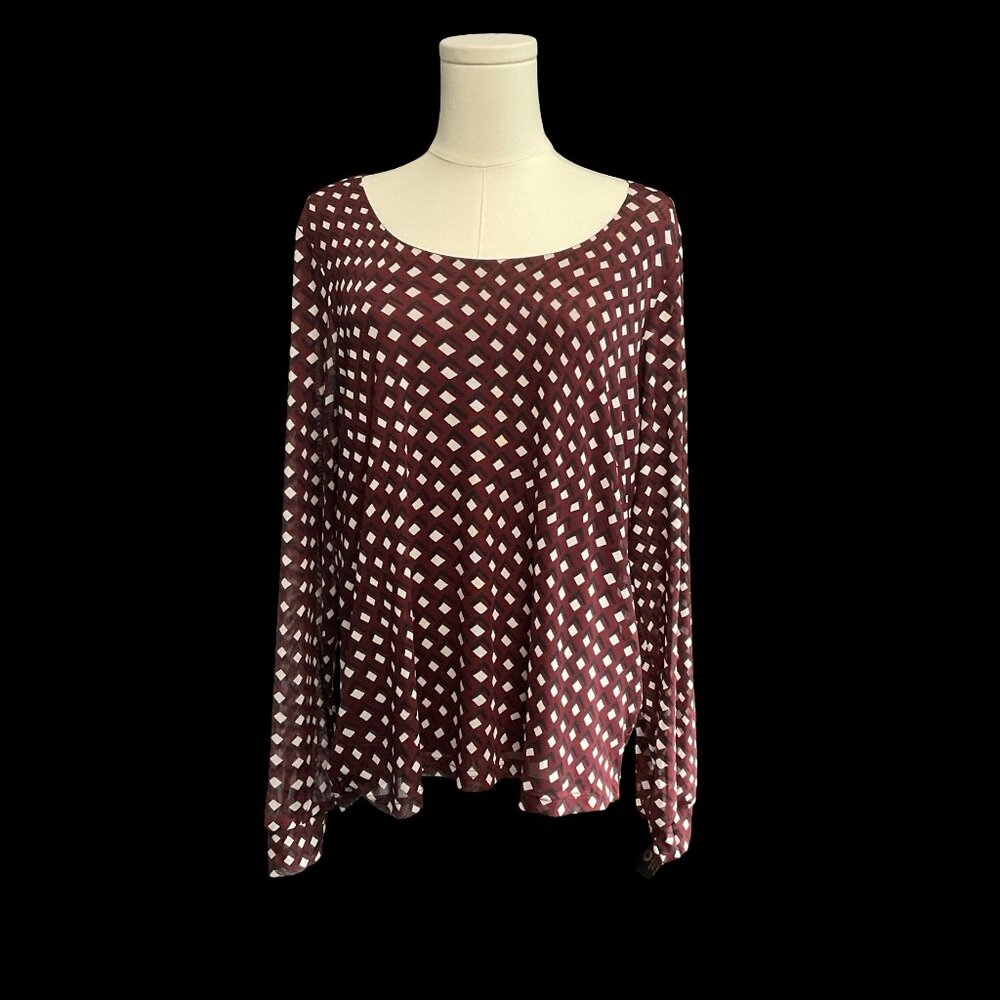 Burgundy Long Sleeve Blouse w/ Chevron & Diamond Print Sheer Overlay